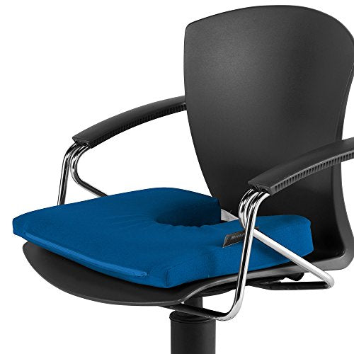 Blue seat cushion on a black office chair with silver arms.
