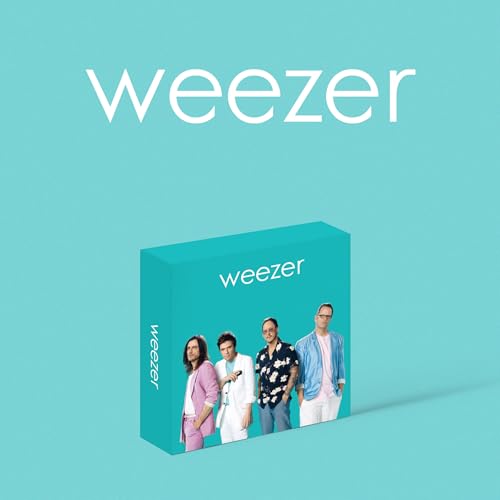 Weezer album cover featuring the band members on a teal CD case.