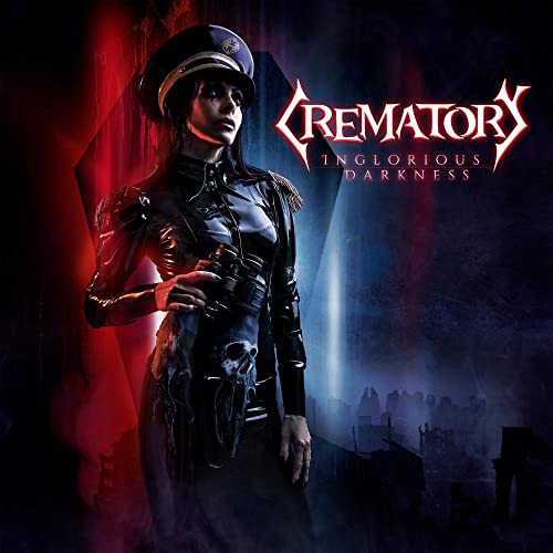Crematory album cover: woman in uniform holding a skull.