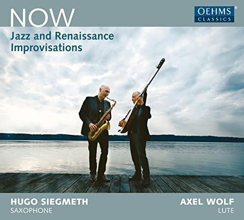 CD cover: two musicians with saxophone and lute by water.