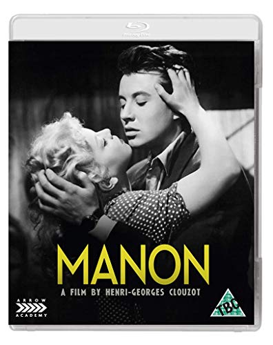 Black and white film cover for “Manon” with a couple embracing.