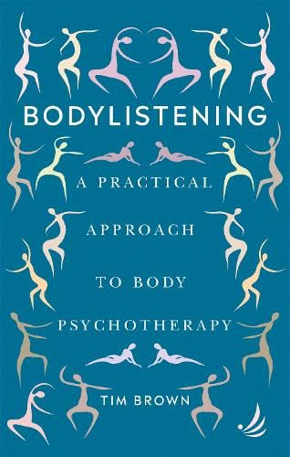 Book cover with abstract pink figures on a teal background, titled "Bodylistening.