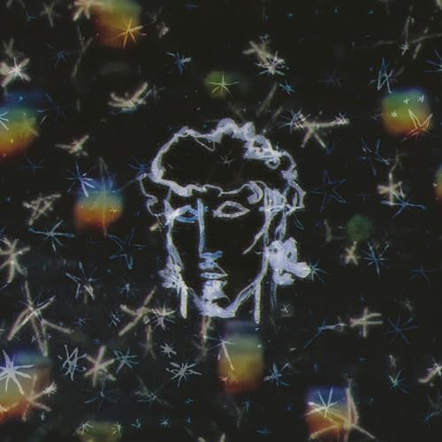 White bust portrait on black background with colorful star-like shapes.
