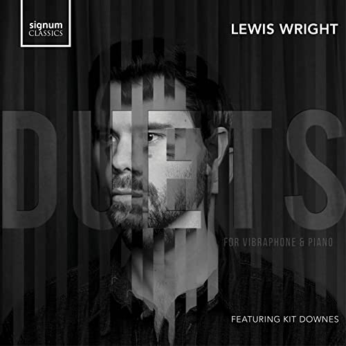 CD cover for Lewis Wright’s “Duets” with a portrait and piano keys.