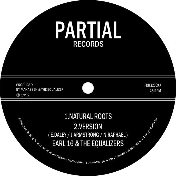 Black vinyl record label with white text: "Earl Sixteen - Natural Roots.