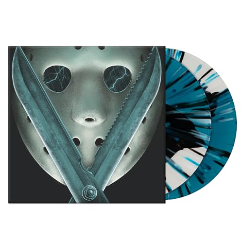 Friday the 13th" soundtrack vinyl with cracked mask and blue splatter record.