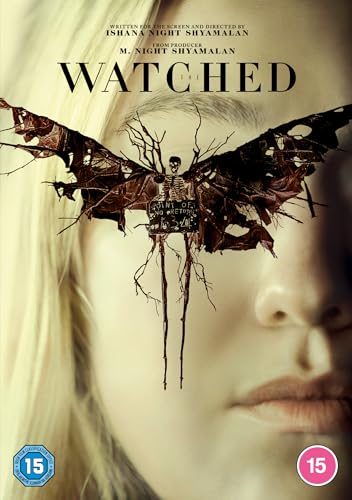 DVD cover for "The Watched" featuring a woman and skeletal moth image.