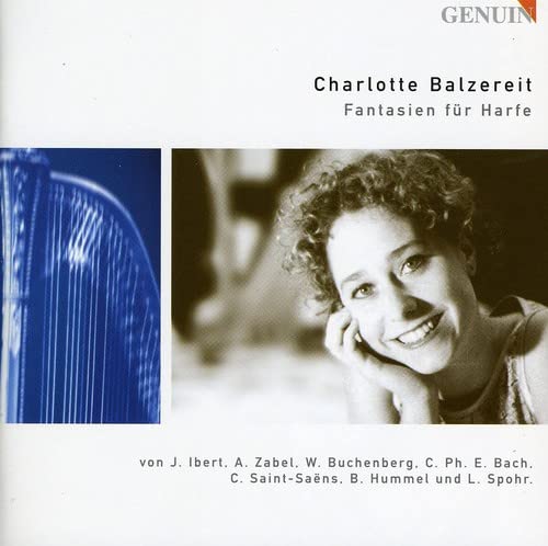 CD cover featuring harpist Charlotte Balzereit and a harp detail.
