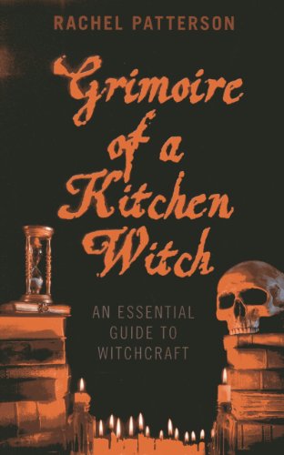 Book cover: "Grimoire of a Kitchen Witch" with skull, candles, and hourglass.