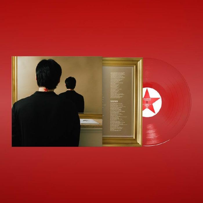 Red vinyl record with album artwork depicting figures and a framed painting.