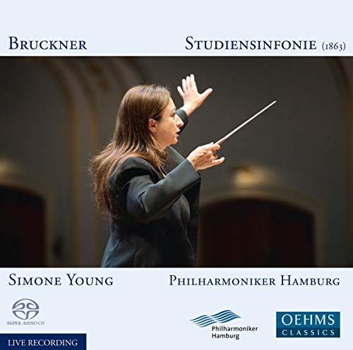 Simone Young conducting orchestra, album cover for Bruckner's Study Symphony CD.