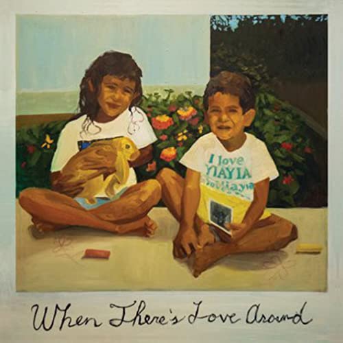 Painted album cover featuring two young children with a dog and flowers.