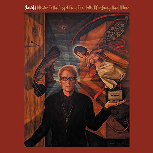 Album cover featuring David J, an angel, and a cassette tape in a surreal scene.