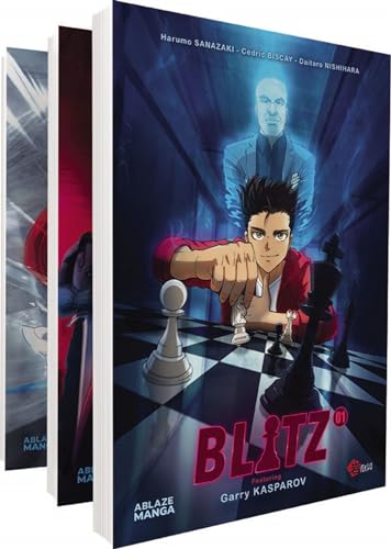 Three stacked manga volumes titled Blitz featuring a young man playing chess.