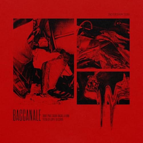 Red album cover with fragmented black and white images of figures and objects.