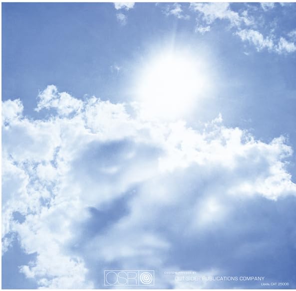 Blue sky with bright sun and fluffy white clouds, record cover.