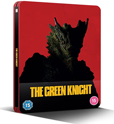 The Green Knight Blu-ray steelbook featuring a tree-like figure against a red background.