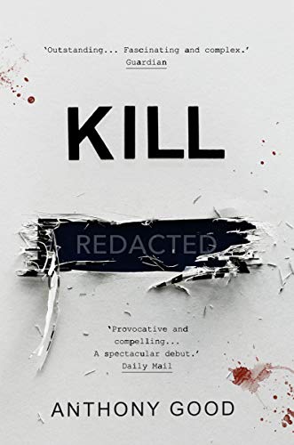 Book cover with large white "KILL" text and red splatters, torn paper detail.