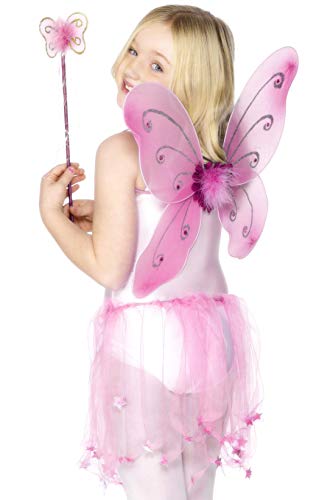 Smiffys Butterfly Wings with Wand, Flower and Glitter Trim - Pink