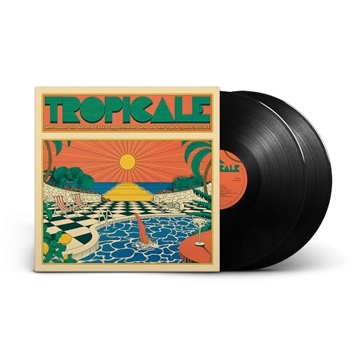 Tropicale" vinyl record with a sunburst and poolside illustration, next to two black discs.