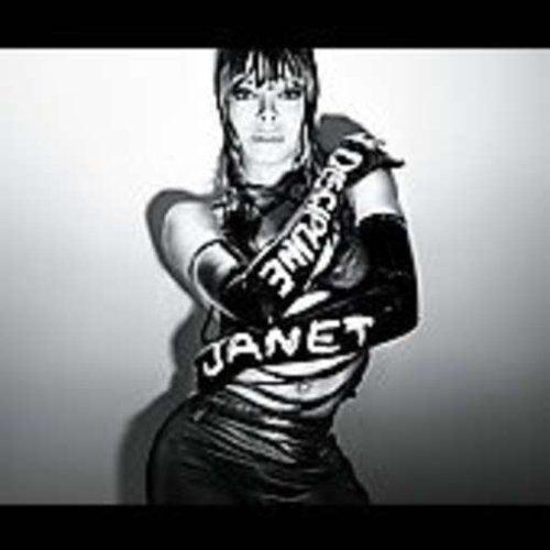 Janet Jackson album cover, black and white, striking pose, vinyl record.