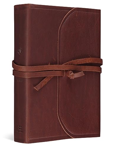 Brown leather-bound Bible with a wrap-around tie closure.