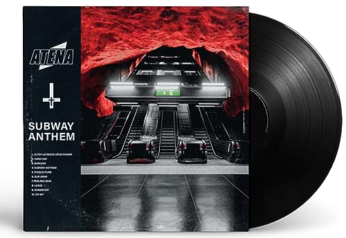 Vinyl record and album cover depicting a red, futuristic subway station.