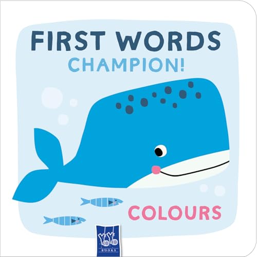 Blue whale illustration on a children’s book titled “First Words Champion! Colours.”