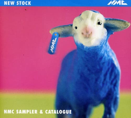 Blue plastic lamb with a blue tag against a pink and blue background.