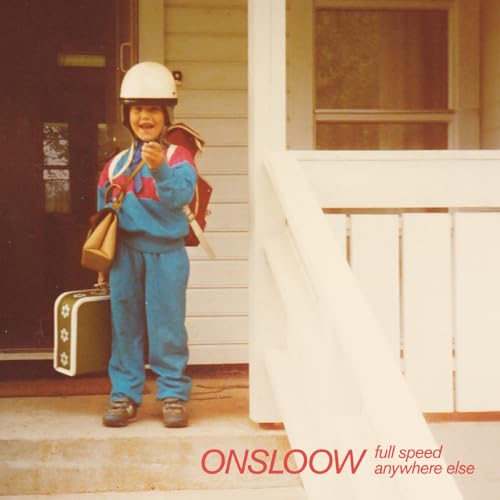 Child in helmet with suitcase, album cover for Onsloow’s “Full Speed Anywhere Else.”