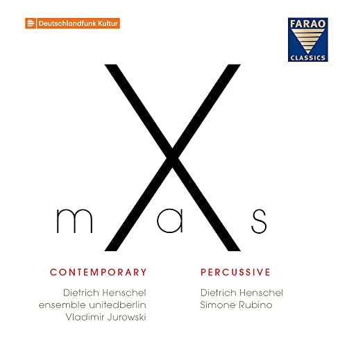 CD cover for "X-Mas Contemporary & Percussion" with large black "X" design.
