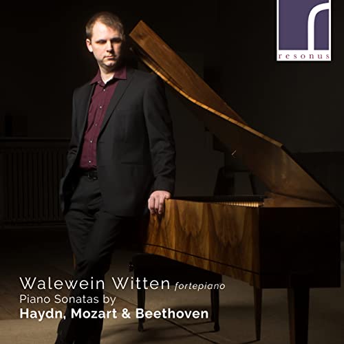 Pianist Walewein Witten with a wooden fortepiano, album cover for classical music.