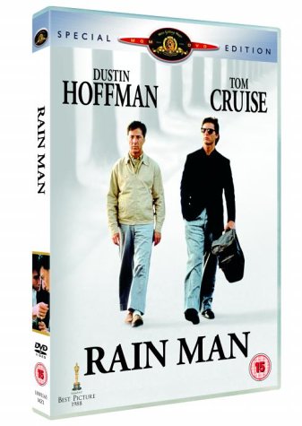 DVD cover for Rain Man featuring Dustin Hoffman and Tom Cruise walking together.
