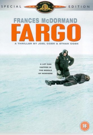 DVD cover for "Fargo" showing a person kneeling beside someone lying in snow.