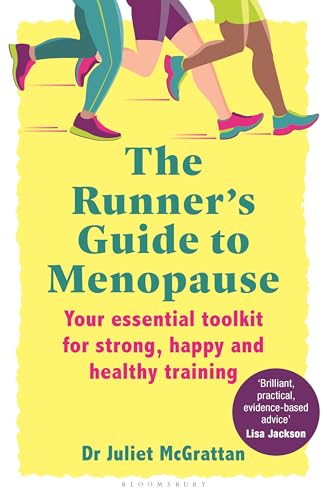 Book cover: runners’ legs, yellow background, title “The Runner’s Guide to Menopause”.