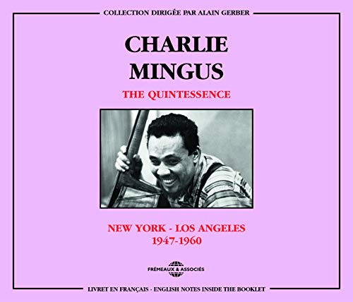 Charlie Mingus album cover, pink background, portrait of Mingus with bass.