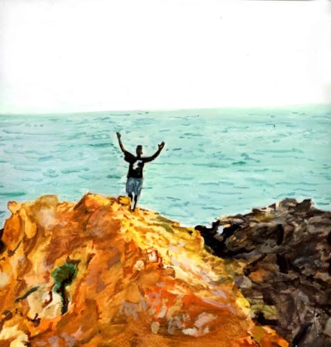 Painted vinyl album cover with a figure overlooking a turquoise sea.