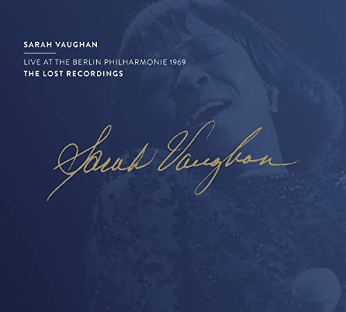 CD cover featuring Sarah Vaughan in performance, with gold script signature.