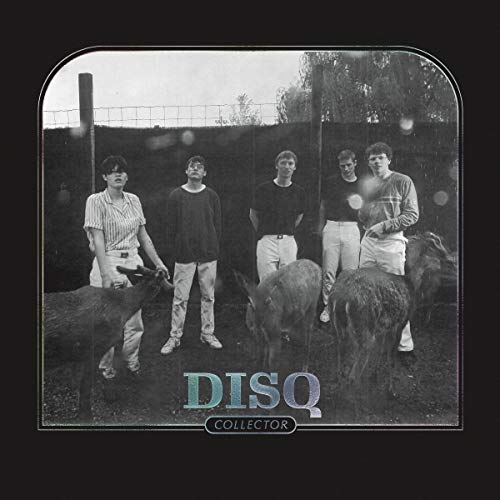Black and white photo of a band with goats, album cover art.