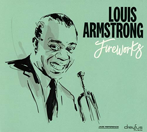 Louis Armstrong album cover, sketched portrait with trumpet, green background.