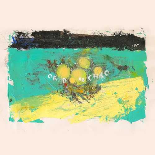 Abstract painting with teal, yellow, and black brushstrokes; text reads “ORD CHAO”.