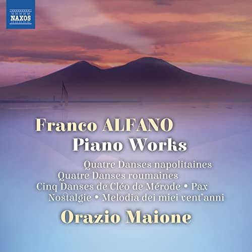 CD cover for Franco Alfano piano works, featuring a sunset and mountain.