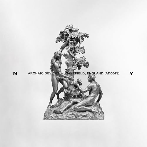 Black and white image of a classical sculpture with figures and foliage.