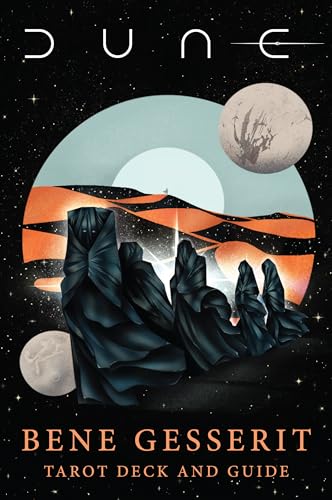 Dune tarot deck cover with hooded figures, desert landscape, and moons.