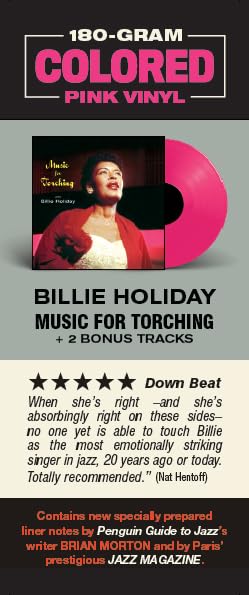 Pink vinyl record of Billie Holiday’s “Music for Torching” album cover.