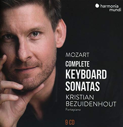 Classical music CD cover with pianist Kristian Bezuidenhout and Mozart's keyboard sonatas artwork.