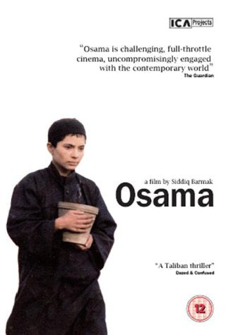 DVD cover for the film Osama featuring a person in dark clothing holding a book.