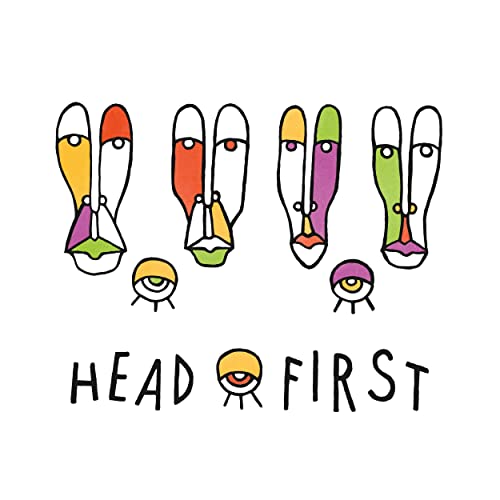 Colorful, abstract face illustrations with the text "HEAD FIRST".