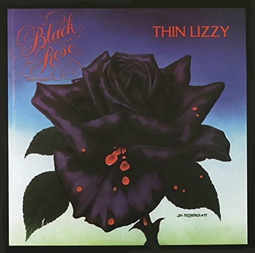 Thin Lizzy Black Rose album cover featuring a dark purple rose with red droplets.