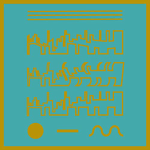 Turquoise square album cover with abstract gold line patterns and a circle.